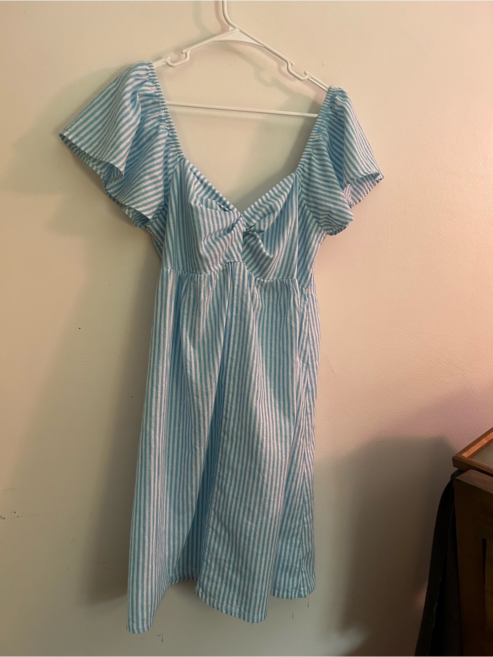 Light Blue & White Striped Mini Dress with Flutter Sleeves
